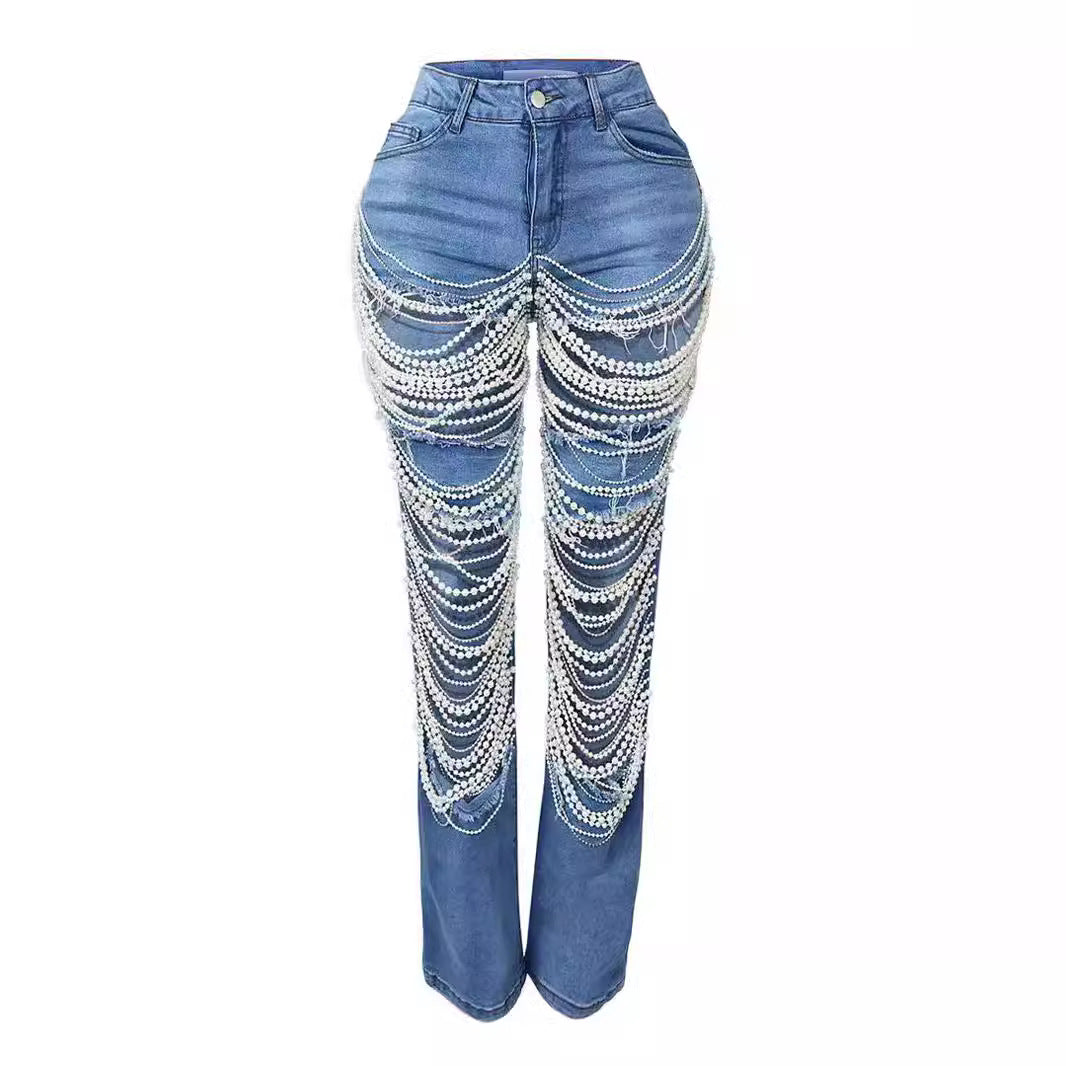 Women's Hot Summer Ripped Beaded Stretch Trousers Jeans