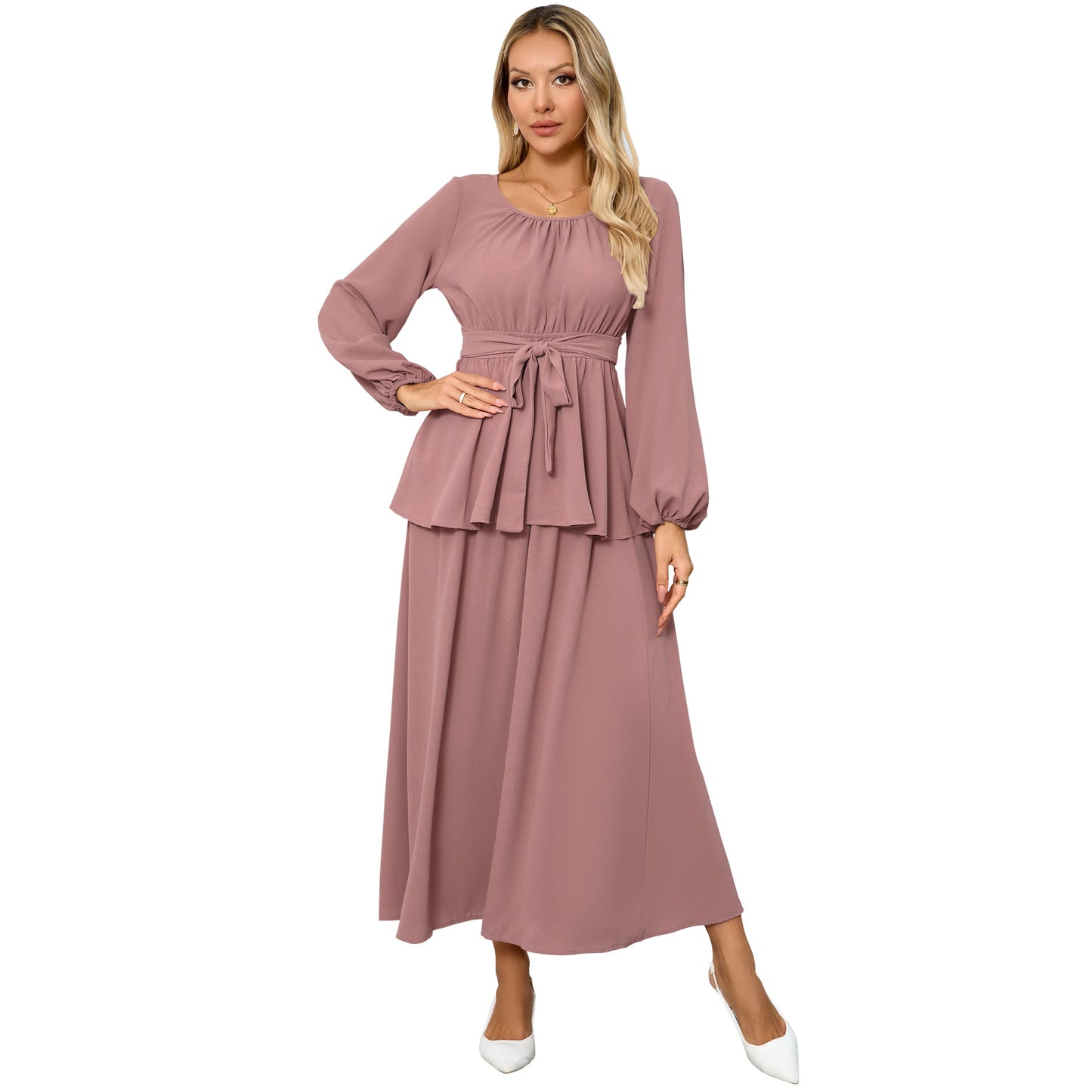 Women's Muslim Elegant Round Neck Lantern Long Suits