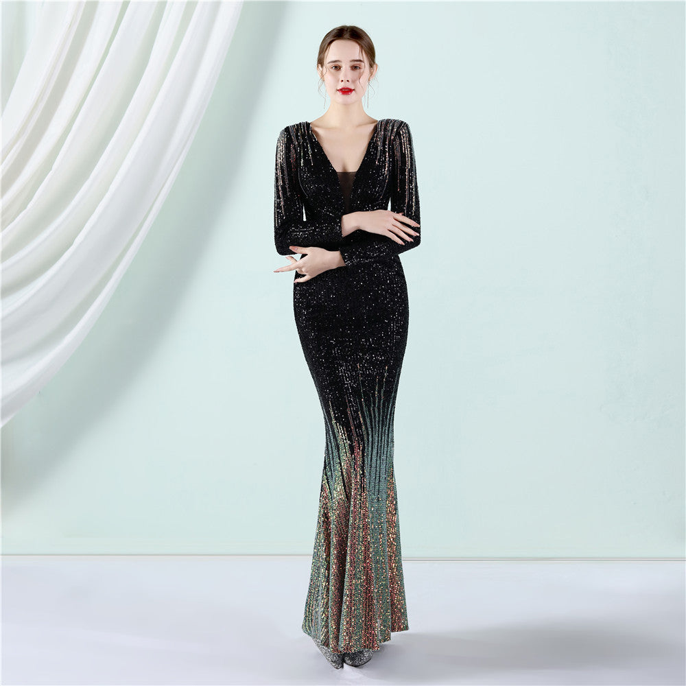 Gradient Sequin Long Sleeve Dress Fashion Evening Dresses