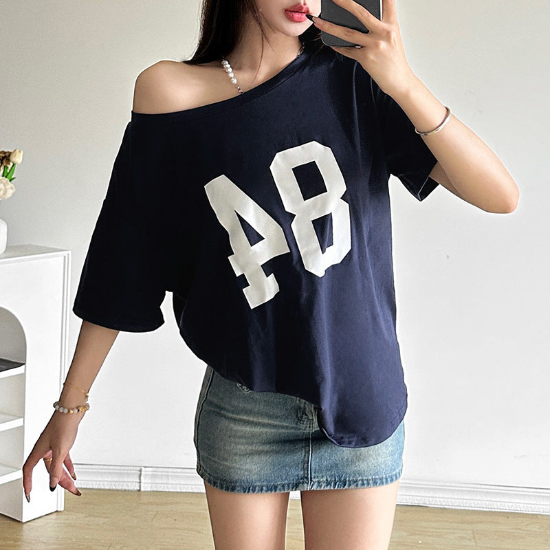 Women's Summer Street Fashion Letter Print Diagonal Collar Blouses