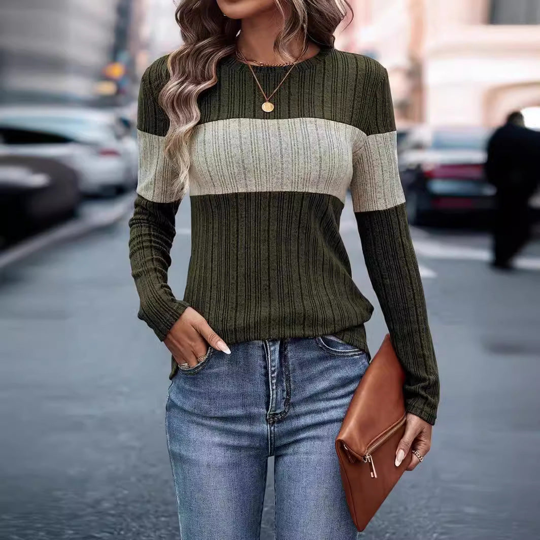 Women's Long Sleeve T-shirt In Contrast Color Knitwear