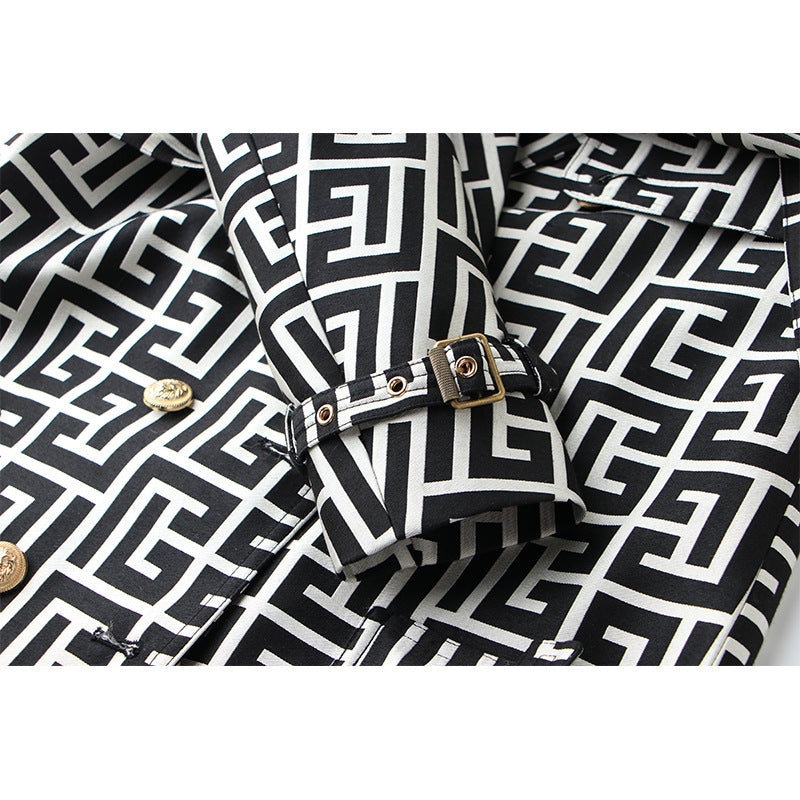 Women's Trench Loose Design Black White Swastika Coats