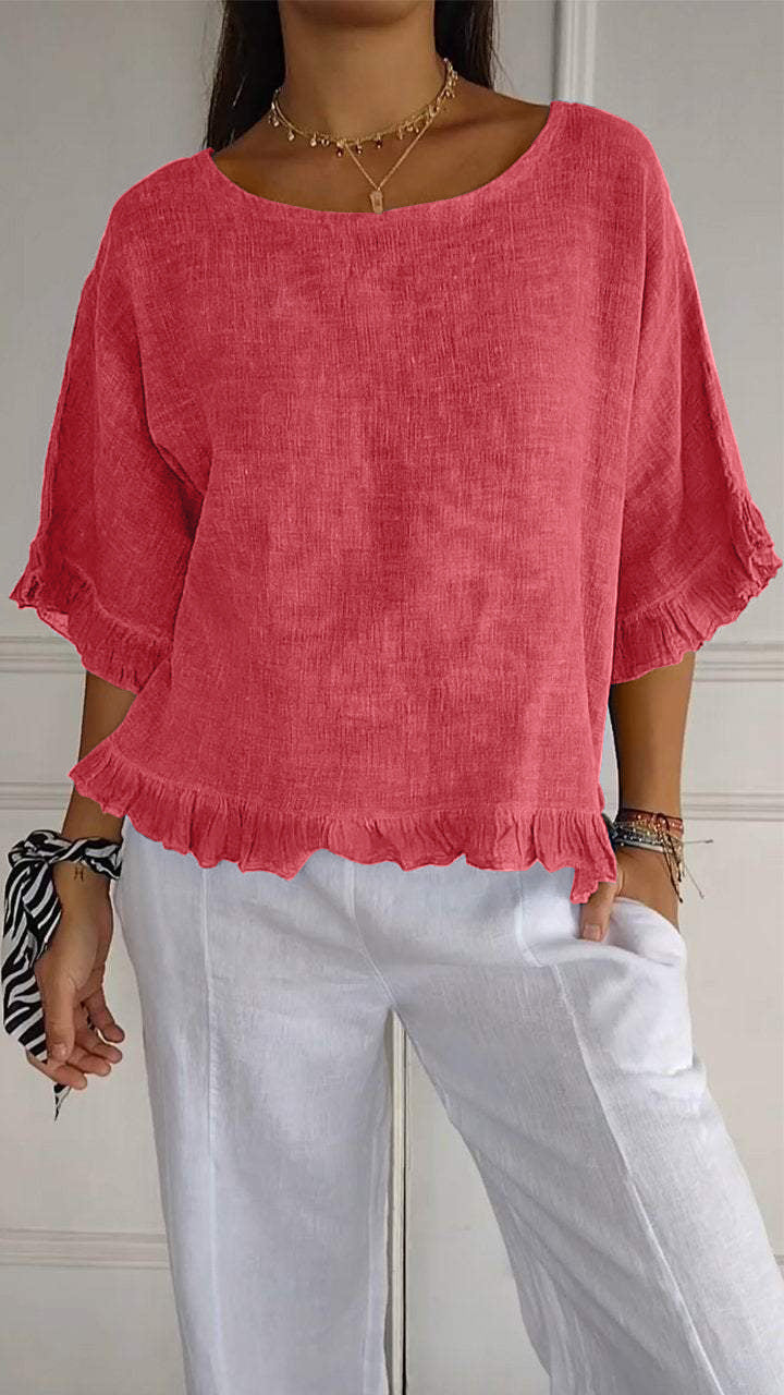 Women's Short-sleeved Round Neck Cotton Linen Solid Blouses