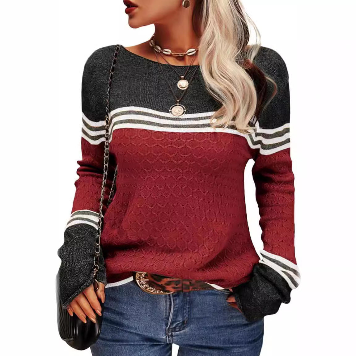 Women's Crocheted Long-sleeved Striped Crew Neck Knitted Sweaters