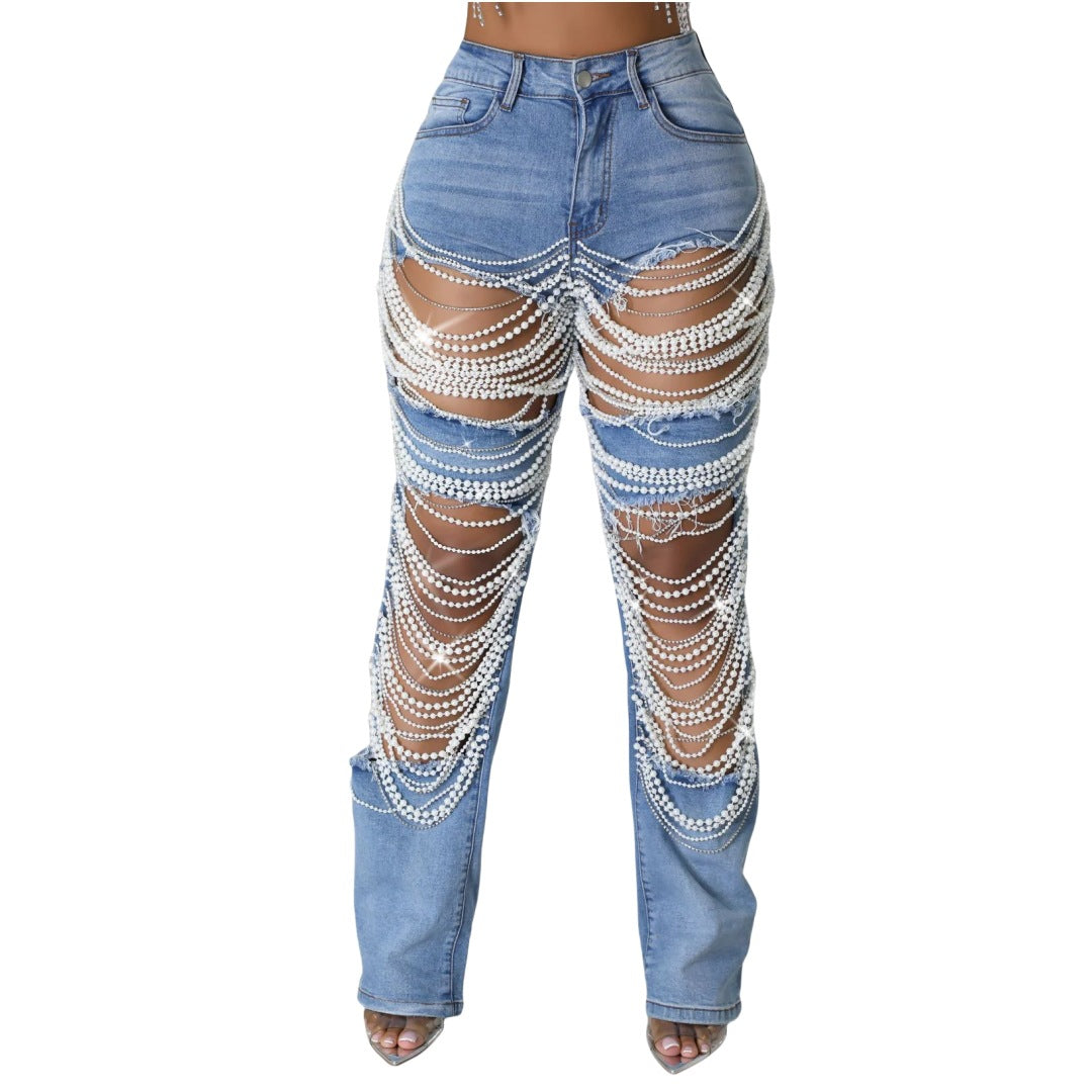 Women's Hot Summer Ripped Beaded Stretch Trousers Jeans