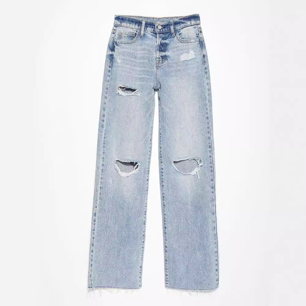 Women's Ripped Raw Hem Leisure Washed-out High Jeans