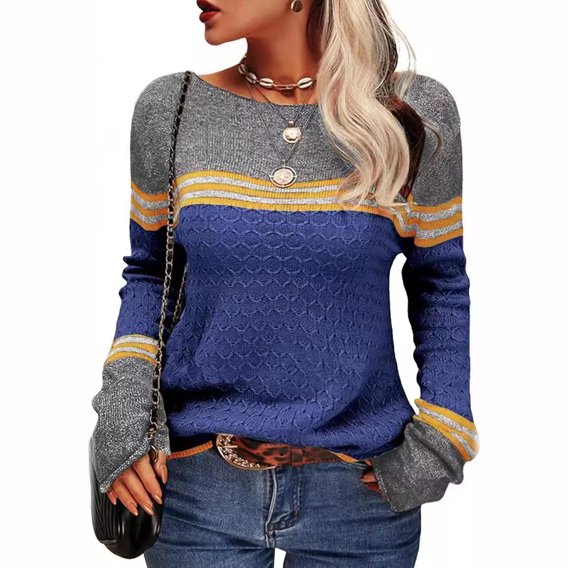 Women's Crocheted Long-sleeved Striped Crew Neck Knitted Sweaters