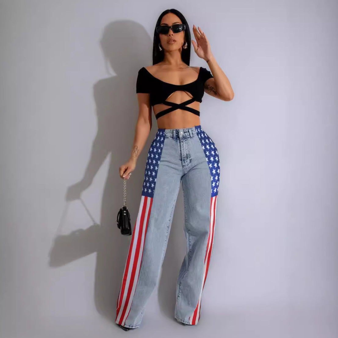 Women's Flag Print Stretchy Denim Trousers Casual Jeans