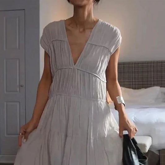 Robe d'été plissée simple à col rond pour femme