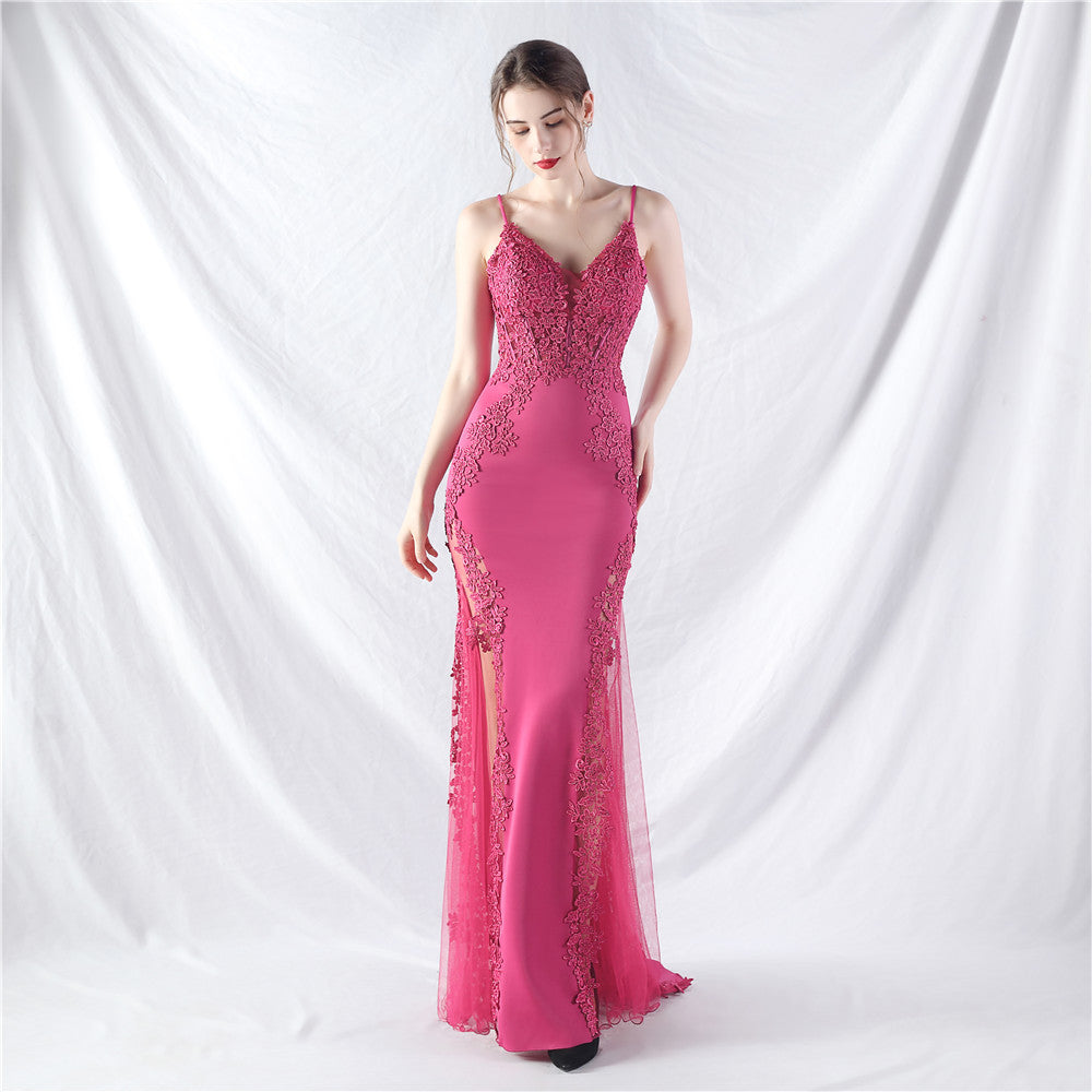 Lace Hot Rhinestone Fishbone Tight Waist Evening Dresses