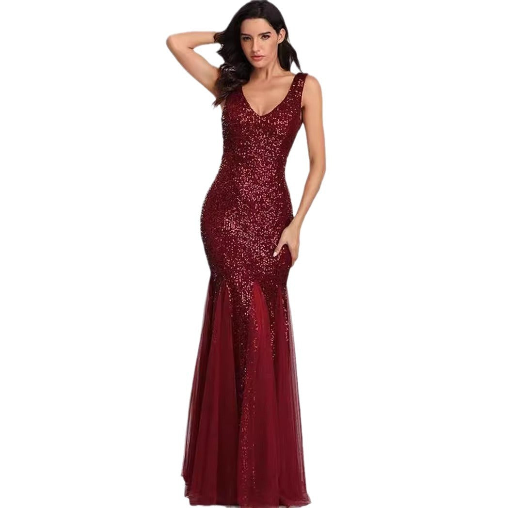 Sequined Toast Dress Bride Red Fishtail Evening Dresses