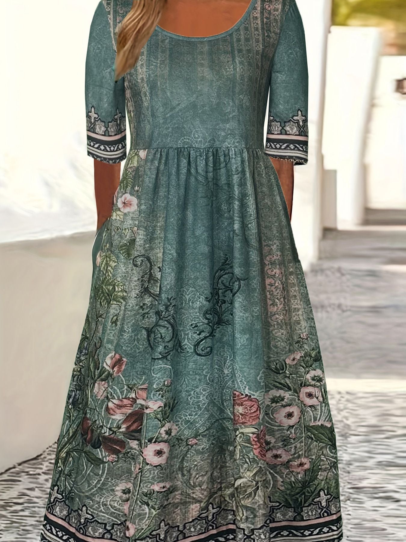 Robe d'été à manches courtes et col rond pour femme, style bohème