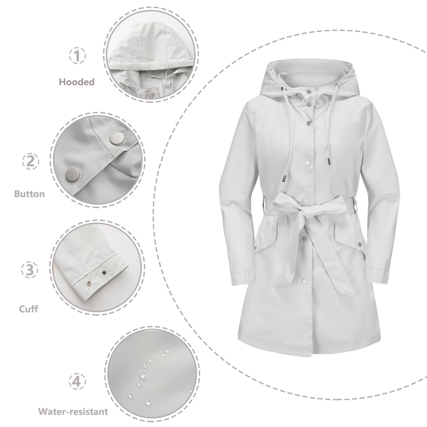 Women's Hooded Waterproof With Belt Thin Casual Coats