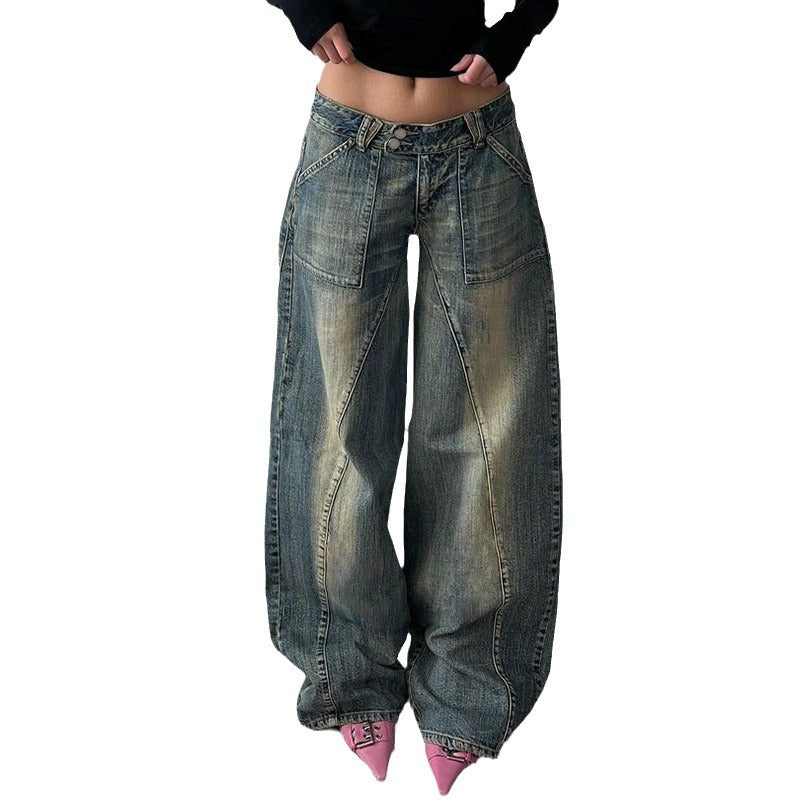 Women's Basic Washed Split Low Waist Loose Jeans