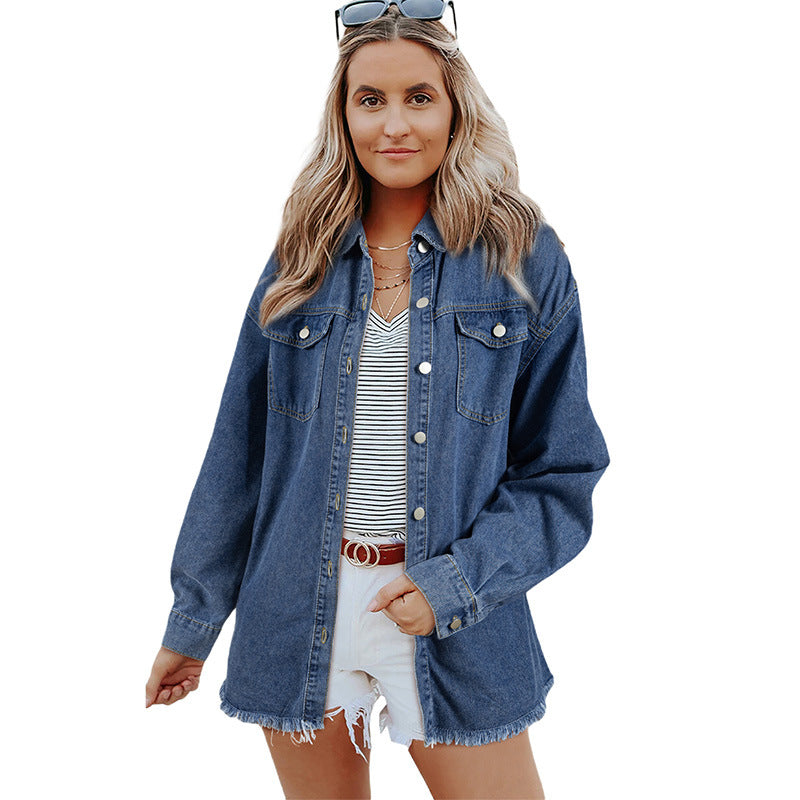 Women's Washed Denim Loose Single-breasted Long Sleeve Jackets