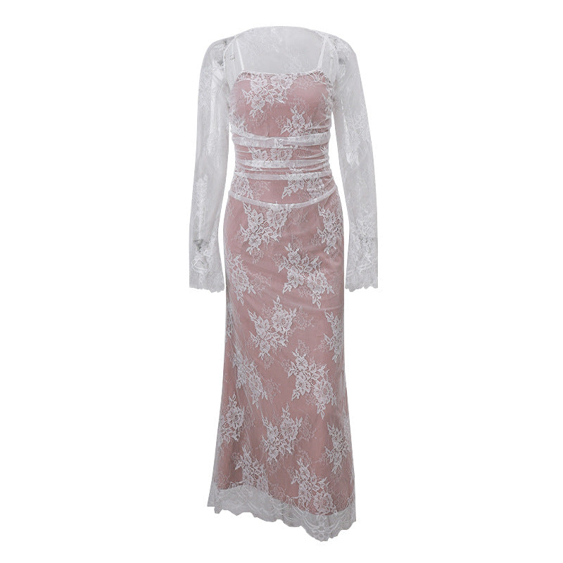 Women's Waistcoat Long Sleeve Strap Floral Lace Dresses