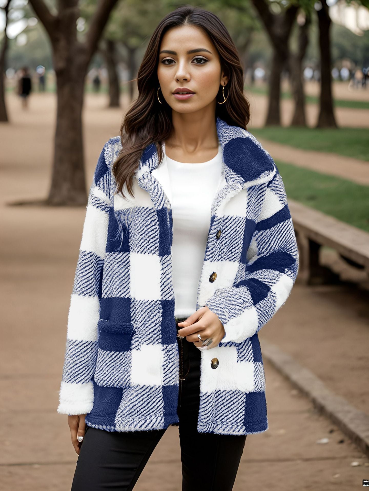 Women's Plush Long Sleeve Plaid Button Strip Coats