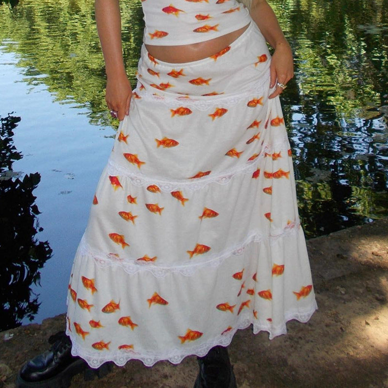 Sexy Camisole Fashion Goldfish Pattern Casual Skirts