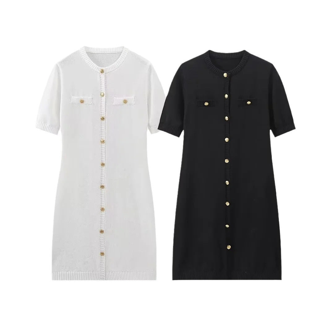 Women's Knitted Short-sleeved Button Wool Dress Dresses