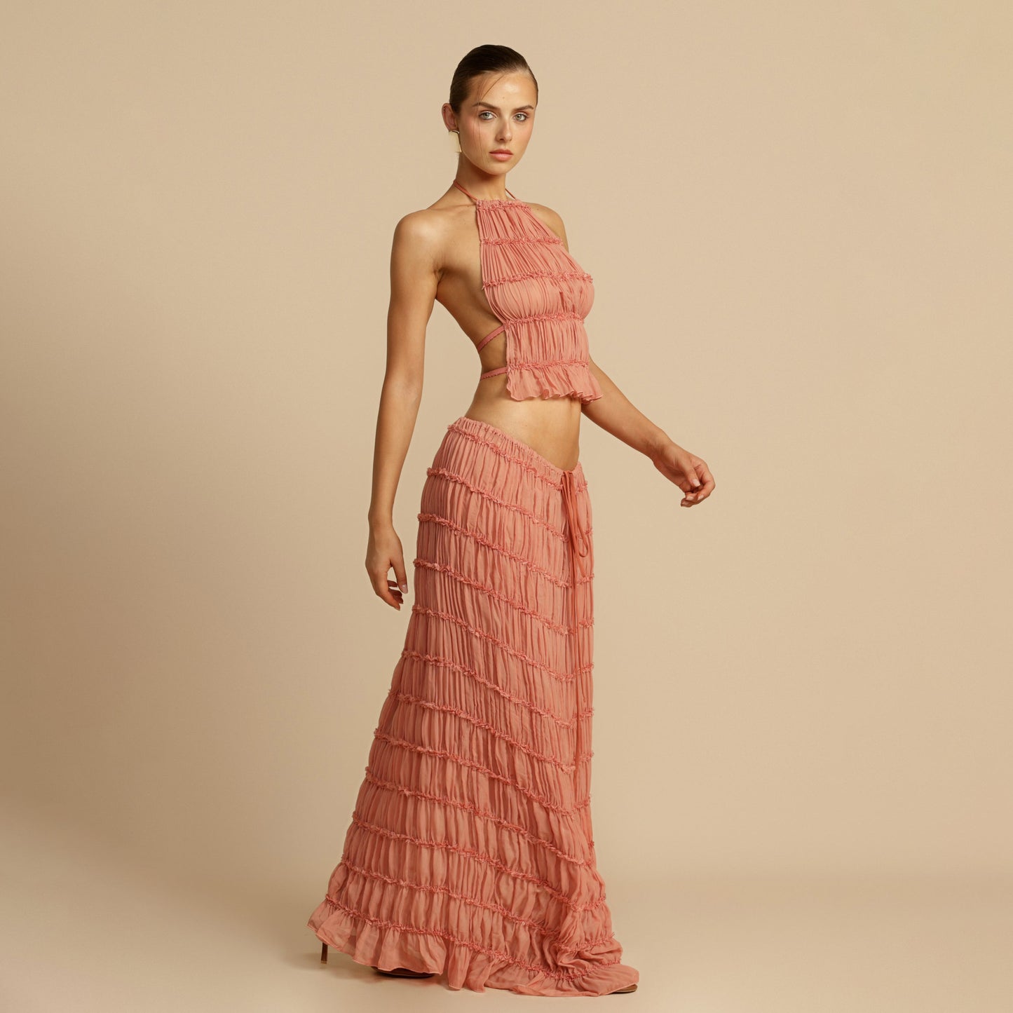 Backless Wooden Ear Chiffon Pleated Dress Suits