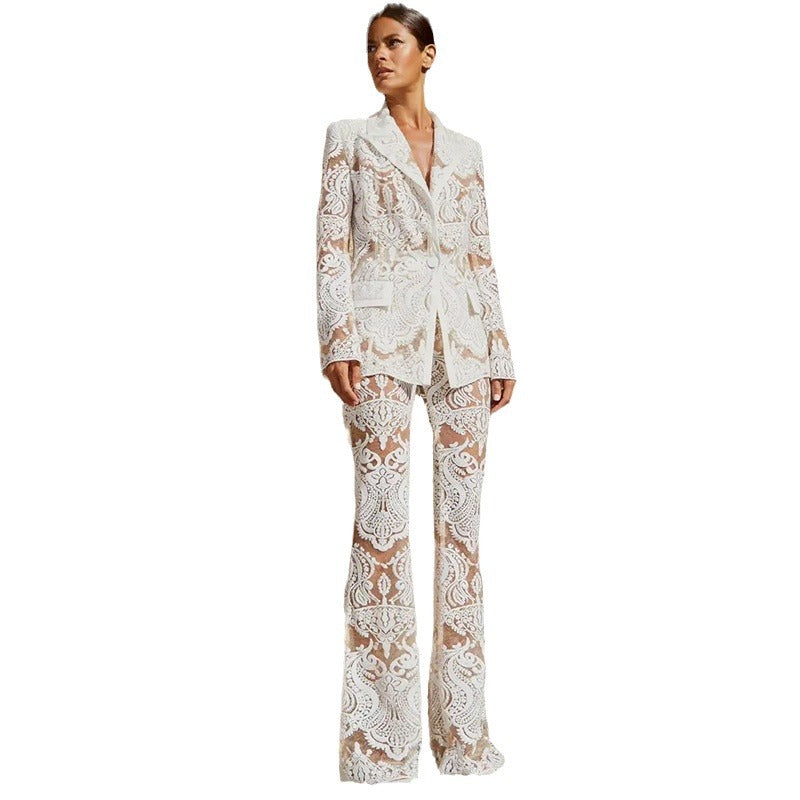 Fashion Mesh Embroidered Sequined Trousers Two-piece Suits