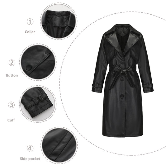 Women's Long Loose Leather Classic Turn-down Collar Jackets