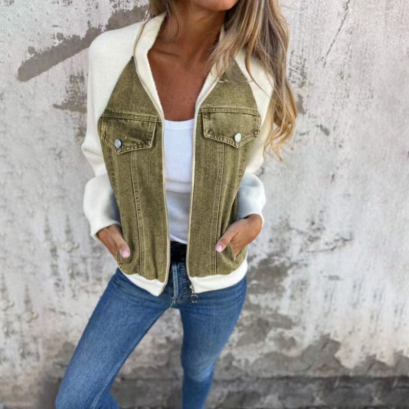 Women's Denim Stitching Casual Fashion Raglan Sleeve Jackets