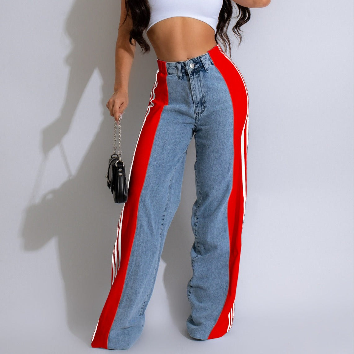 Women's Summer Fashion Stitching Three Striped Wide Leg Jeans