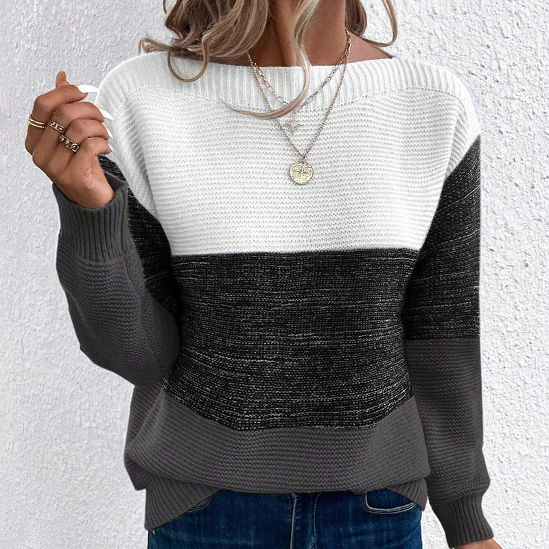 Women's Knitted Color Contrast Patchwork Round Neck Sweaters