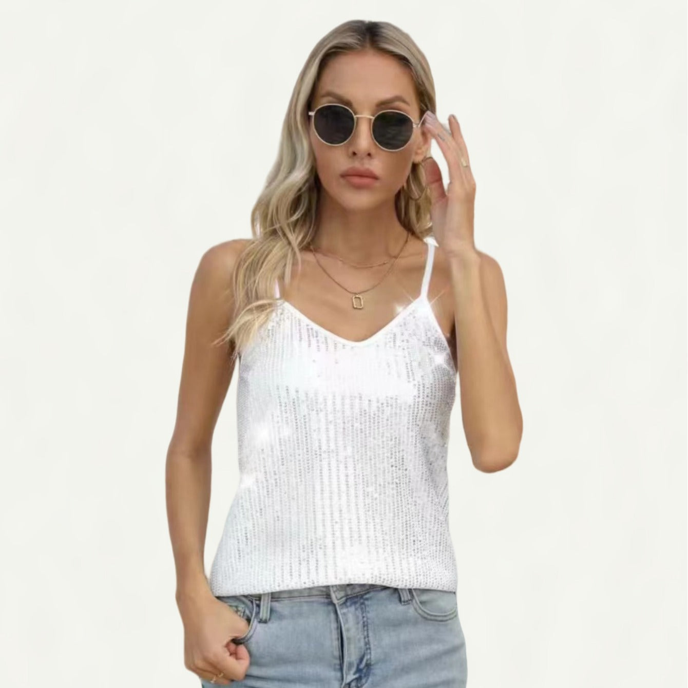 Sequins Sleeve Casual Sequin Deep V Tops