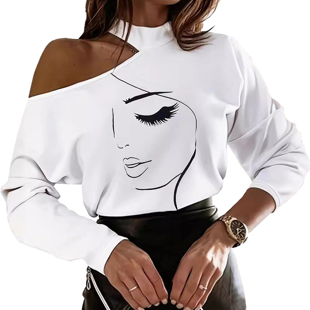 Women's Autumn Sketch Portrait Printing Long-sleeved T-shirt Blouses