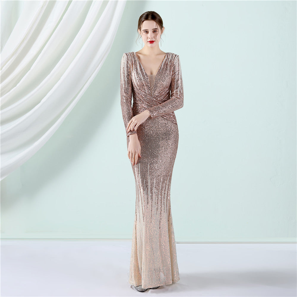 Gradient Sequin Long Sleeve Dress Fashion Evening Dresses