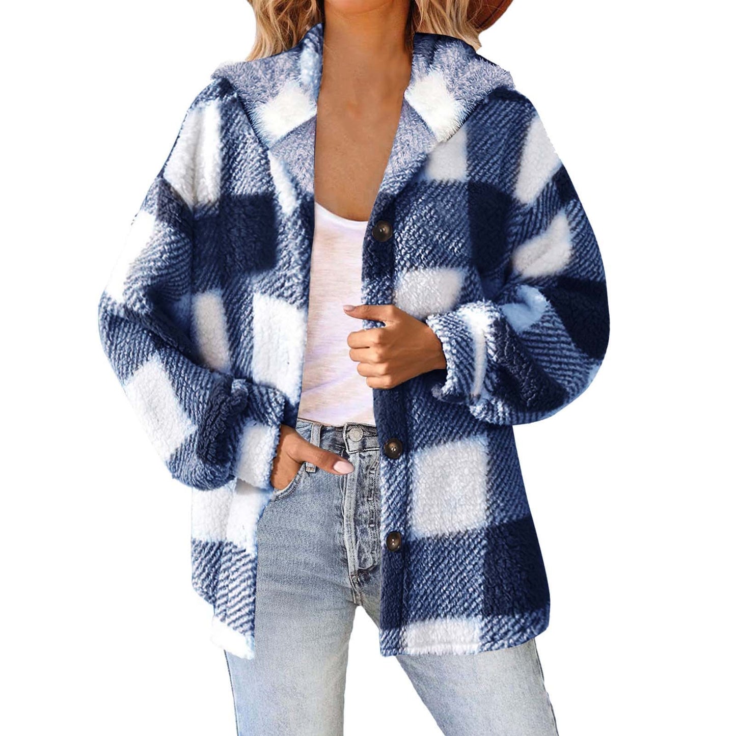 Women's Printed Plaid Hooded Button Plush Warm Coats