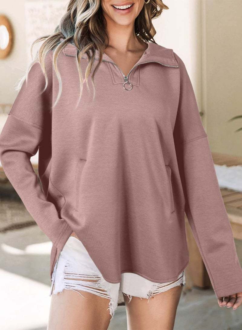 Sweat-shirt à capuche zippé à demi-col roulé pour femme