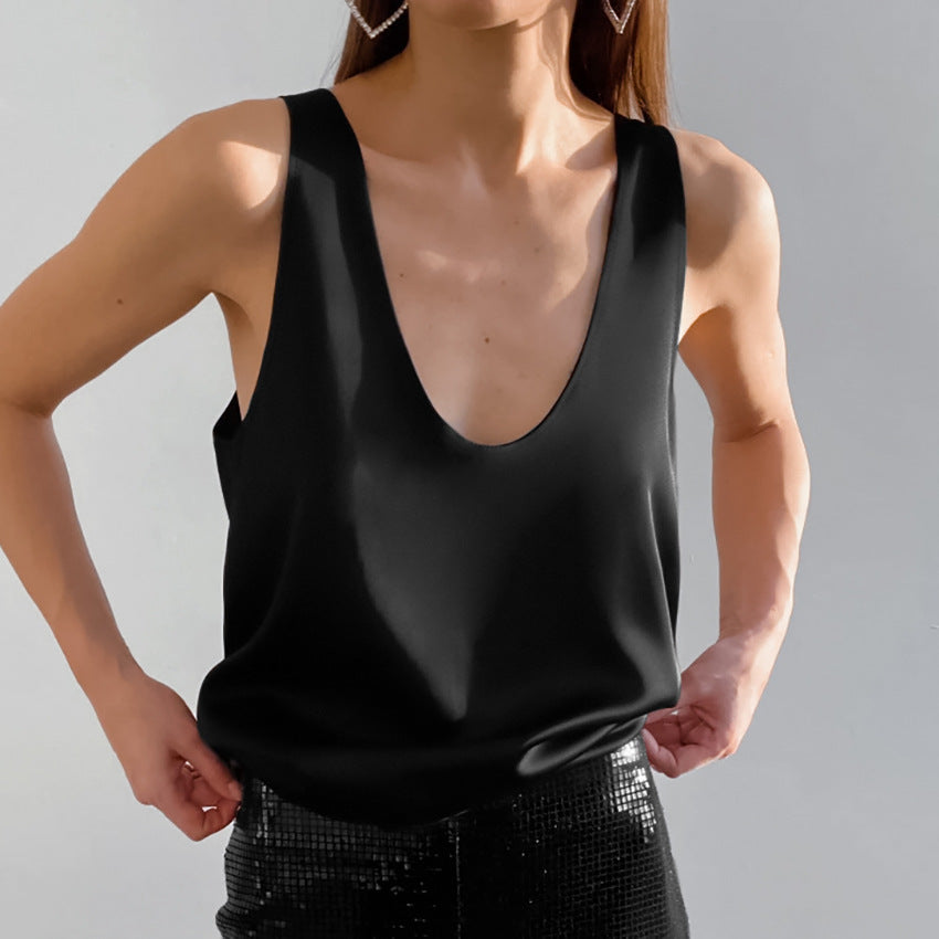 Women's Color Satin Sleeveless T-shirt Versatile Street Tops