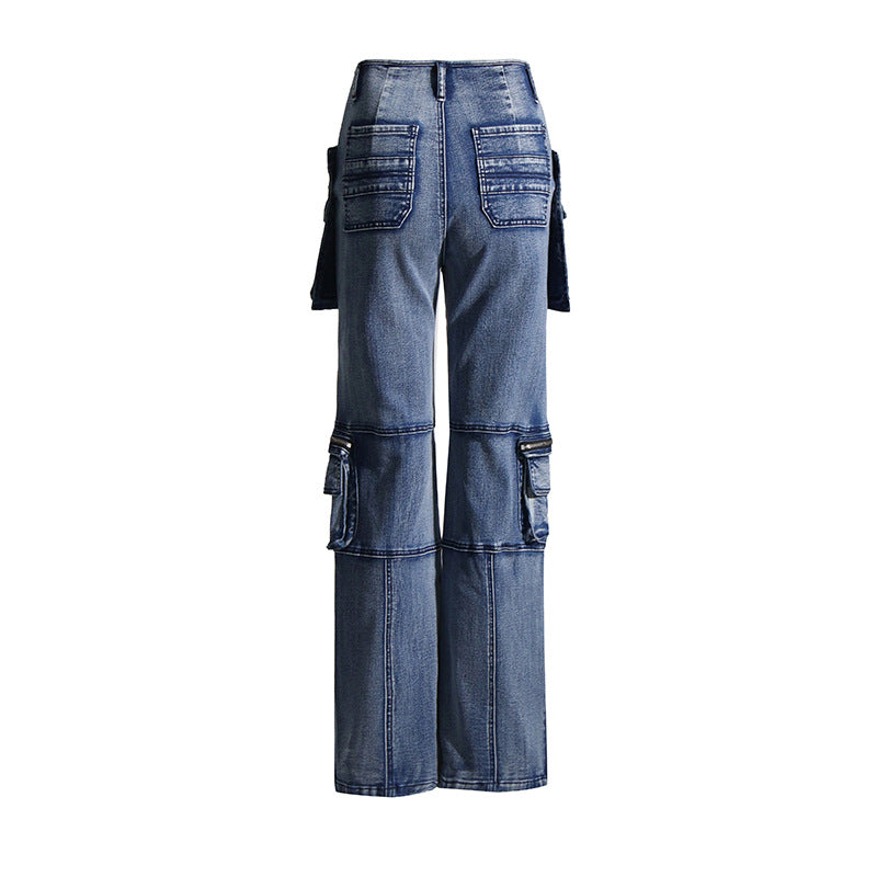 Women's Large Pocket Slimming Patchwork Denim Trousers Jeans