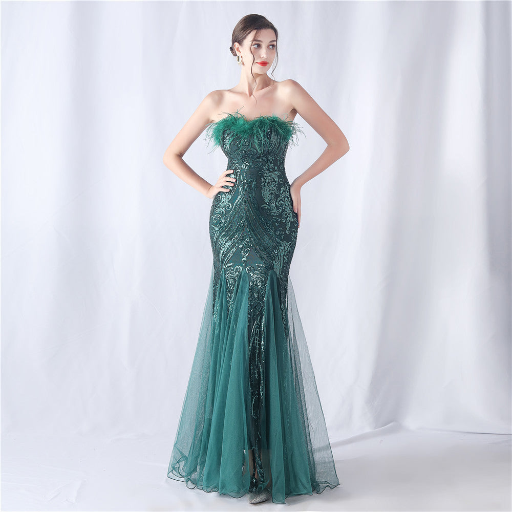 Positioning Flower Cutting Tube Sequin Gauze Evening Dresses