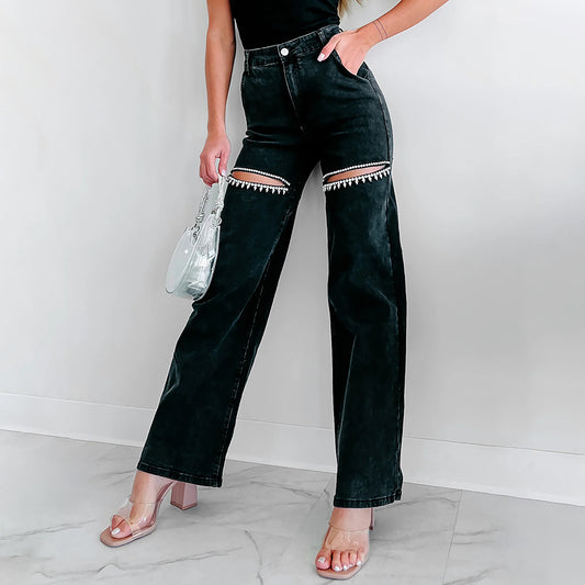 Fashion Casual Rhinestone Ripped Straight Ladies Jeans