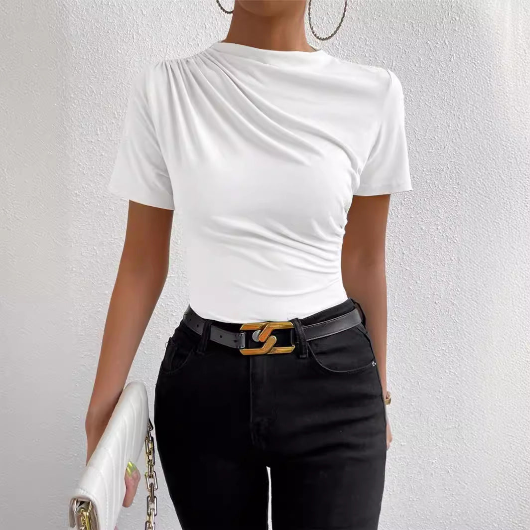 Women's Short-sleeved T-shirt With Small Turtleneck Pleating Blouses