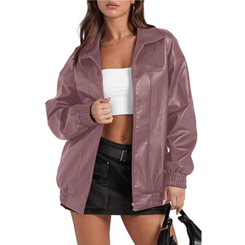 Women's Leather Long Sleeve Lapel Zipper Side Jackets