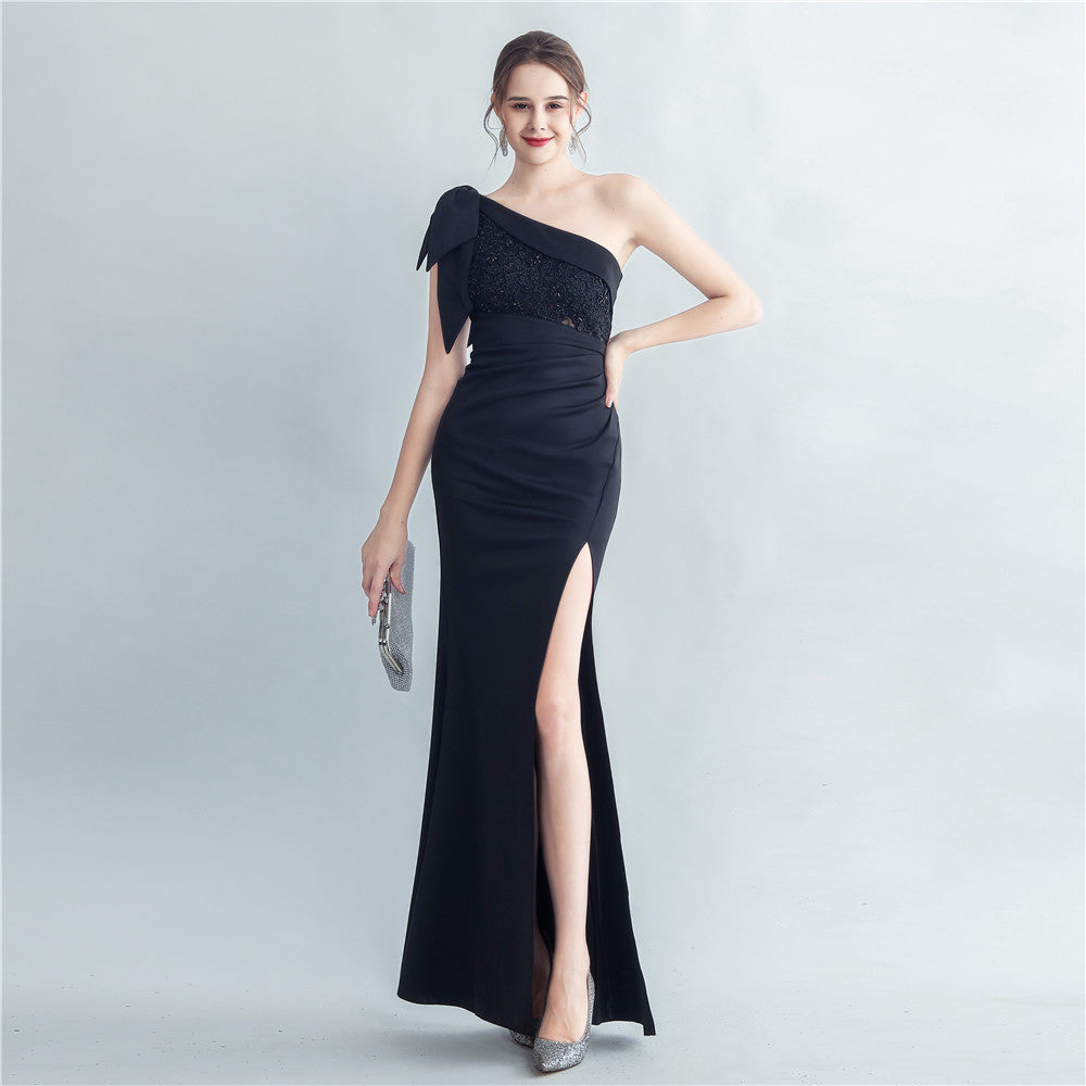 Beaded Oblique Shoulder Roman Collar Side Evening Dresses