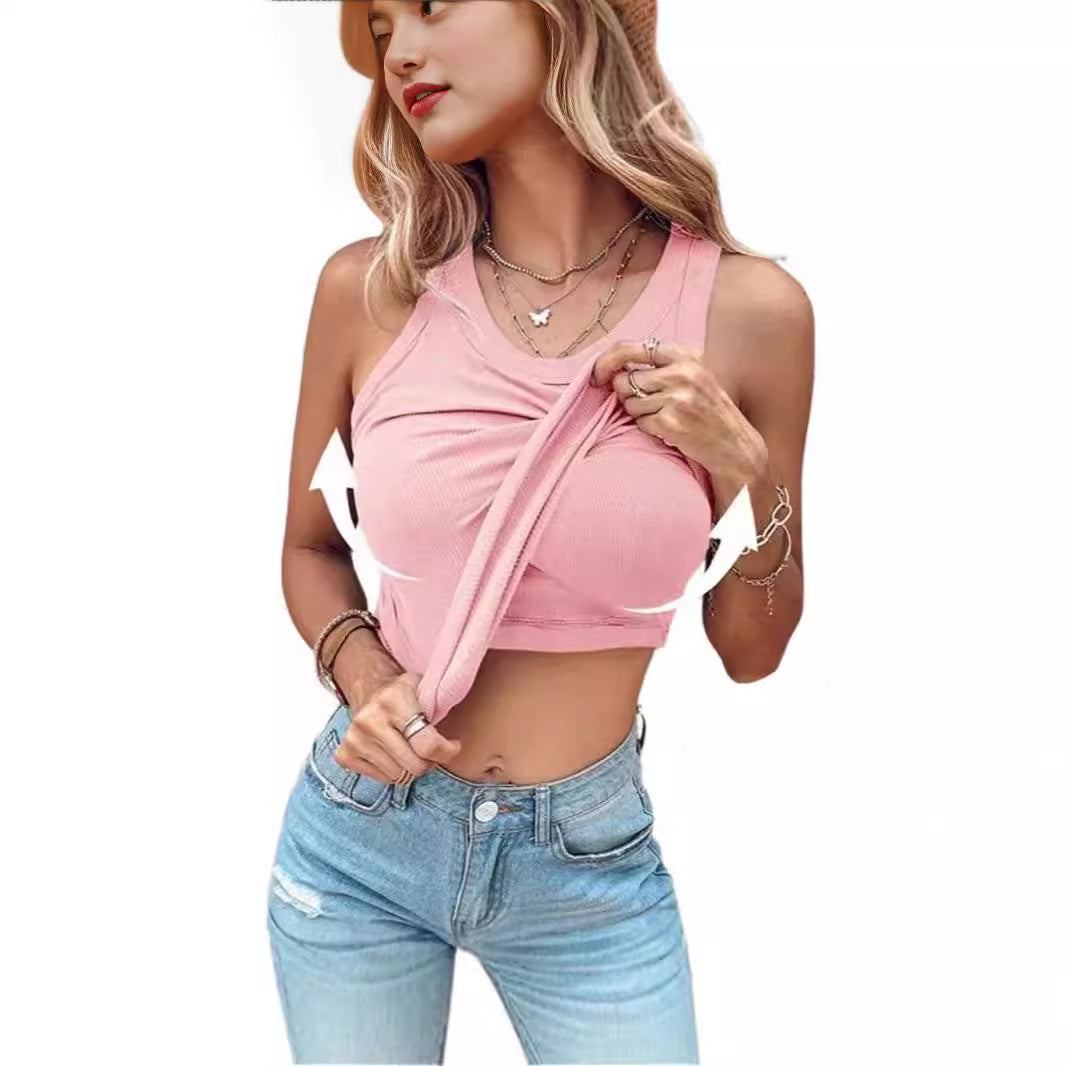 With Bra Round Neck Solid Color Tops