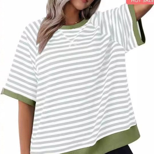 Casual Striped Loose T-shirt With Thread Blouses