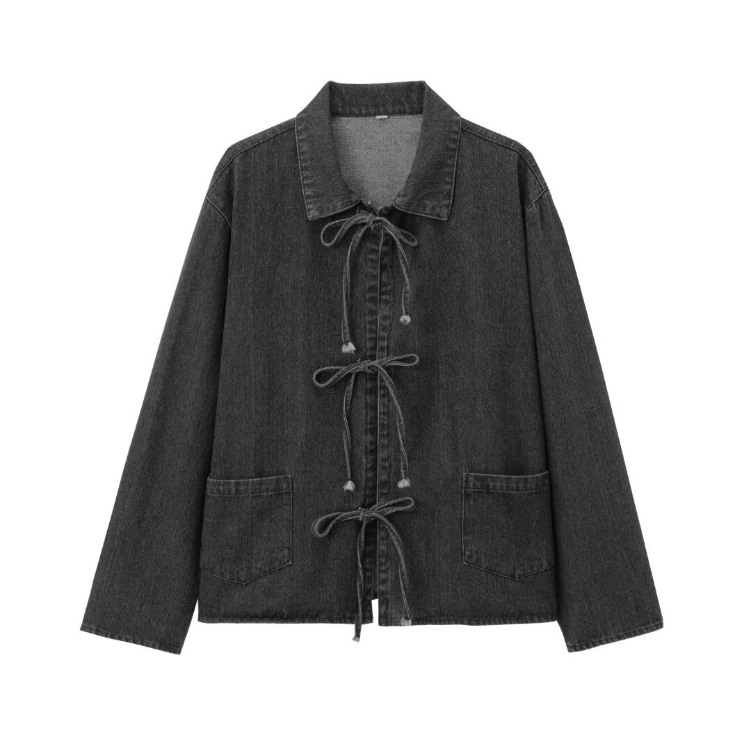 Women's Bowknot Decoration Long Sleeve Pocket Washed Jackets