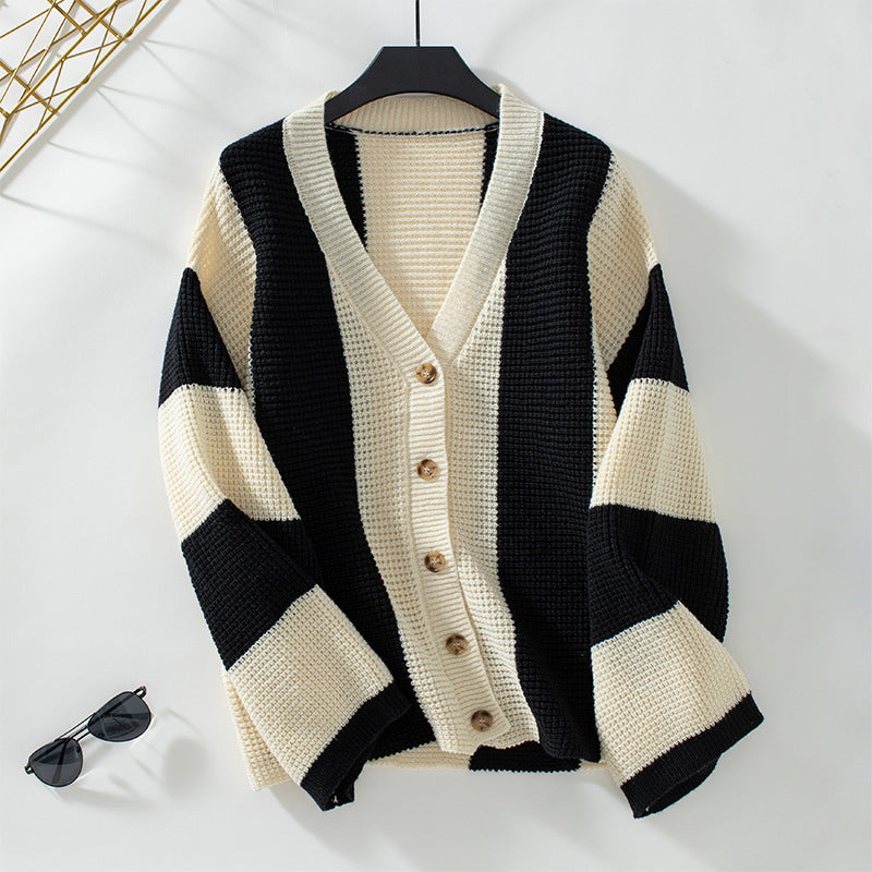 Women's Contrast Color Striped Casual Loose Wear Knitwear