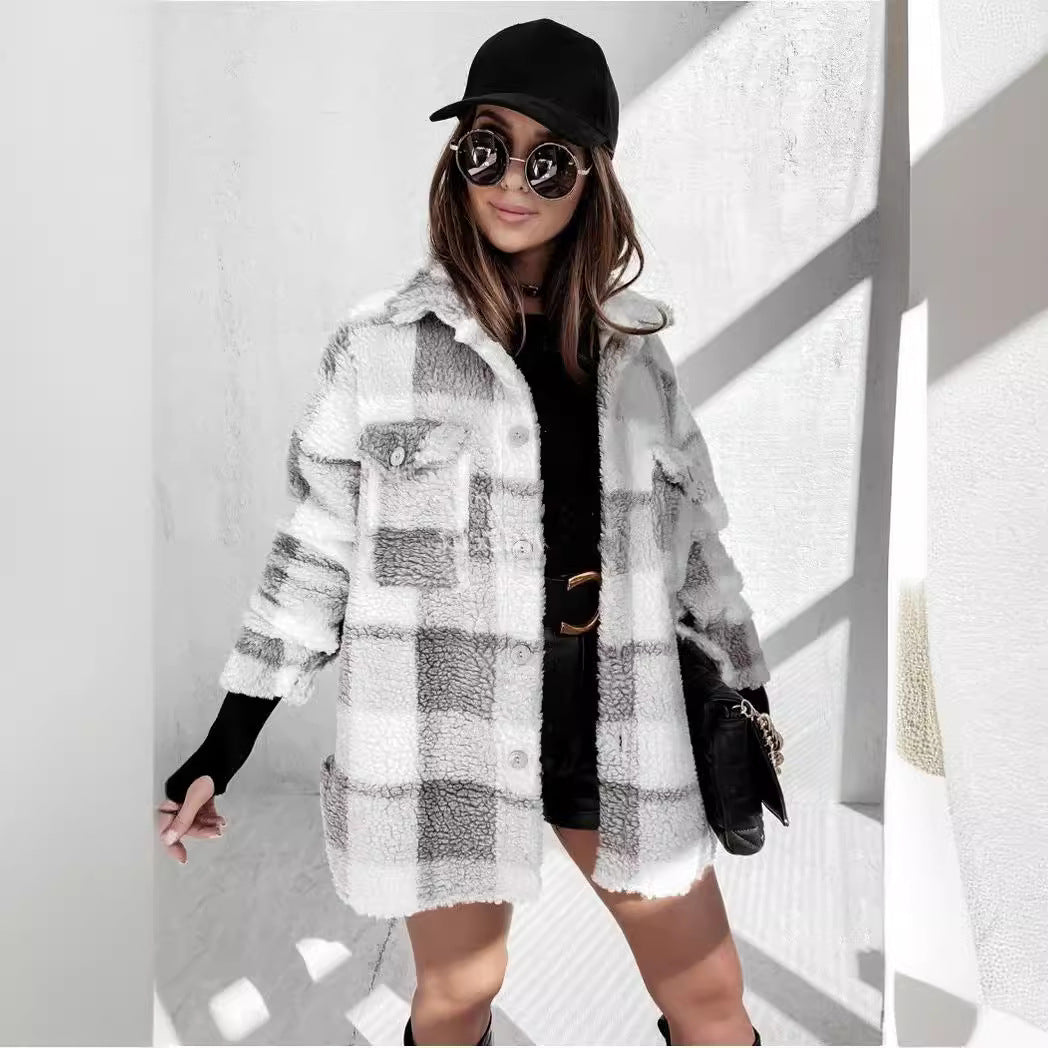 Women's Long Sleeve Double Pocket Plaid Furry Coats