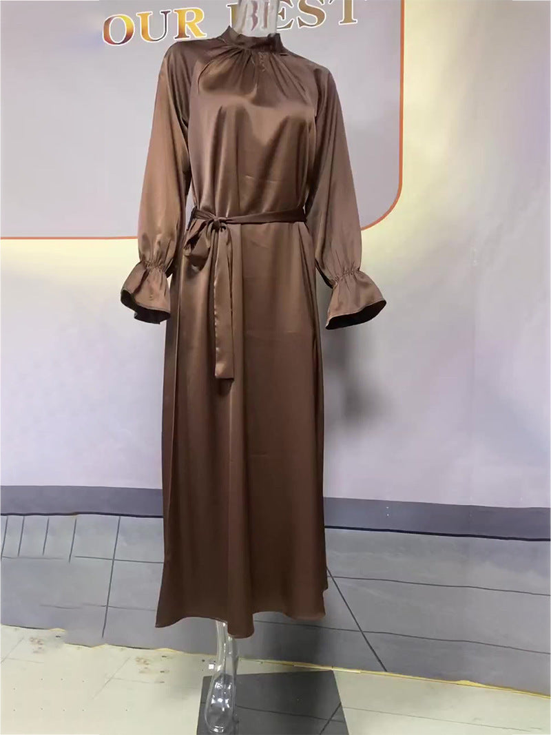 Women's Solid Color Satin Long Sleeve Loose Dresses