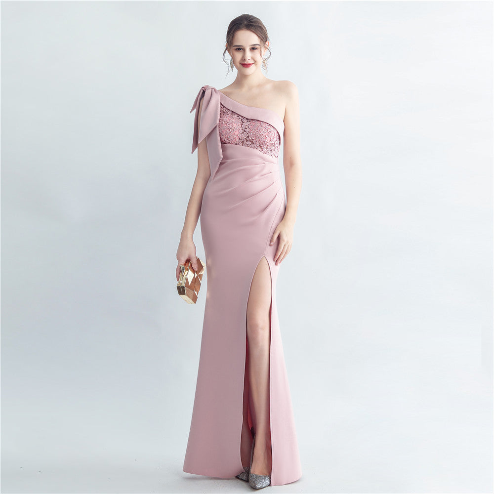 Beaded Oblique Shoulder Roman Collar Side Evening Dresses