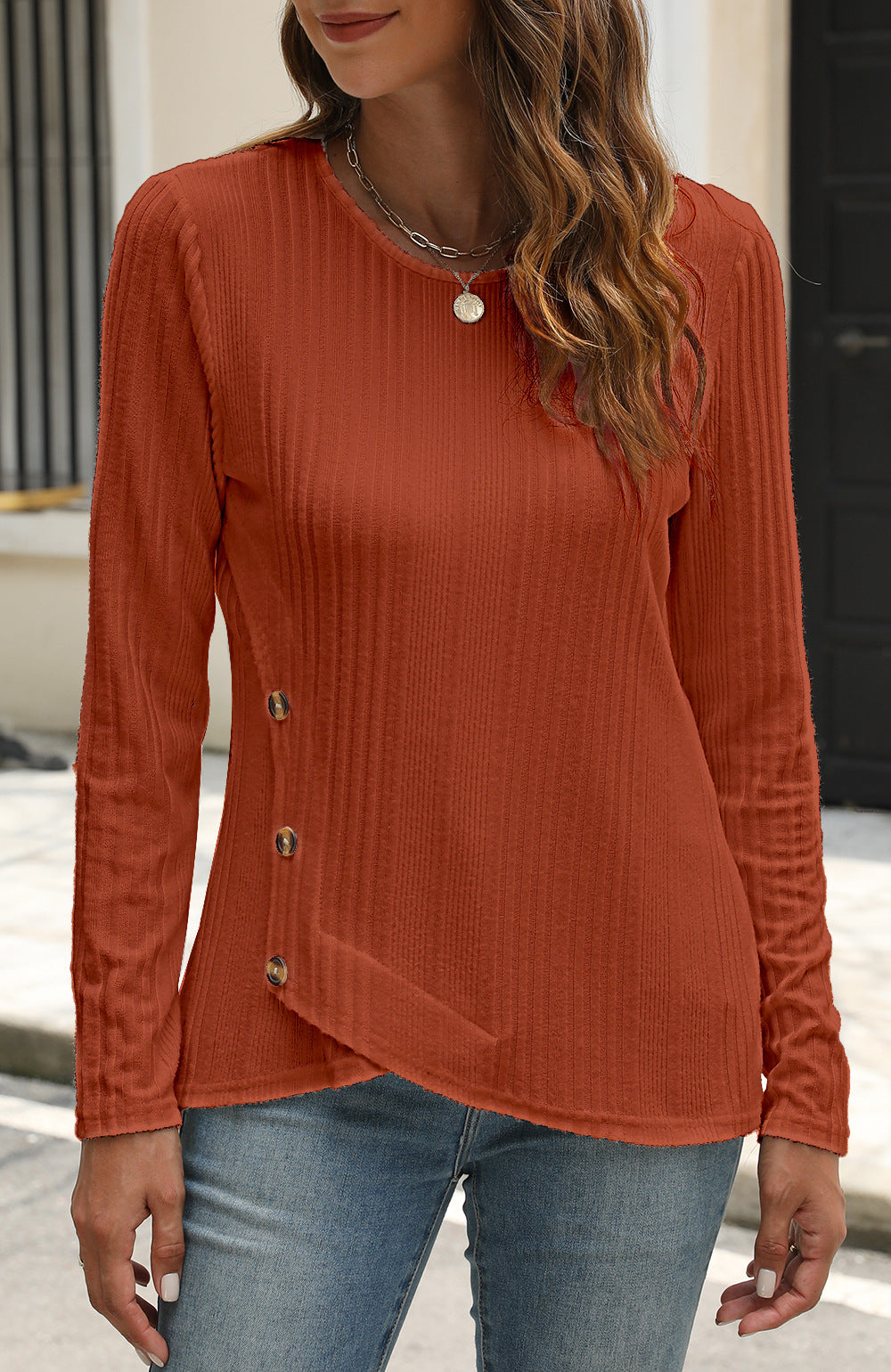 Women's Sunken Stripe Brushed Button Long-sleeved T-shirt Tops