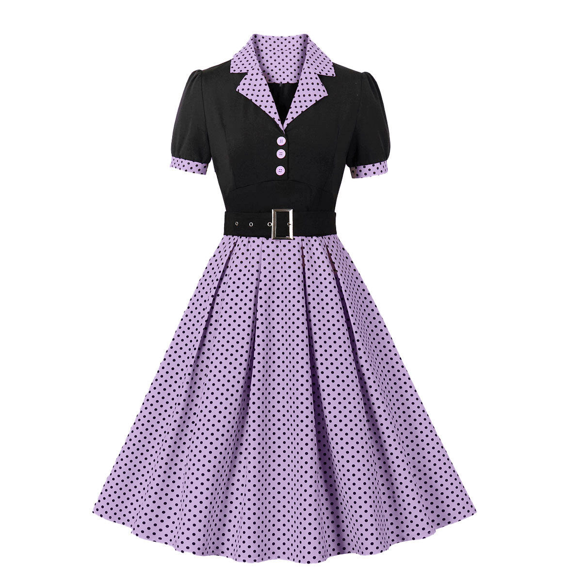 Women's Fashion Polka Dot Lapel Sleeve Belt Dresses